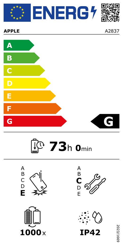 EU-Energielabel, QR Code und Informationen, Apple Modell A2837, Klasse G, Energieeffizienzklassen (auf einer Skala von A bis G), A (am effizientesten) bis G (am wenigsten effizient), Batterielaufzeit pro Zyklus, 73 Stunden und 0 Minuten pro voller Batterieladung, Sturzfestigkeit Klasse E für wiederholten freien Sturz, A (am robustesten) bis E (am wenigsten robust), Reparierbarkeit der Klasse C, A (am besten reparierbar) bis E (am wenigsten reparierbar), Batteriehaltbarkeit 1.000 Ladezyklen, Schutzart gegen Eindringen von Staub und Wasser (IP) IP42, Verordnung 2023/1669