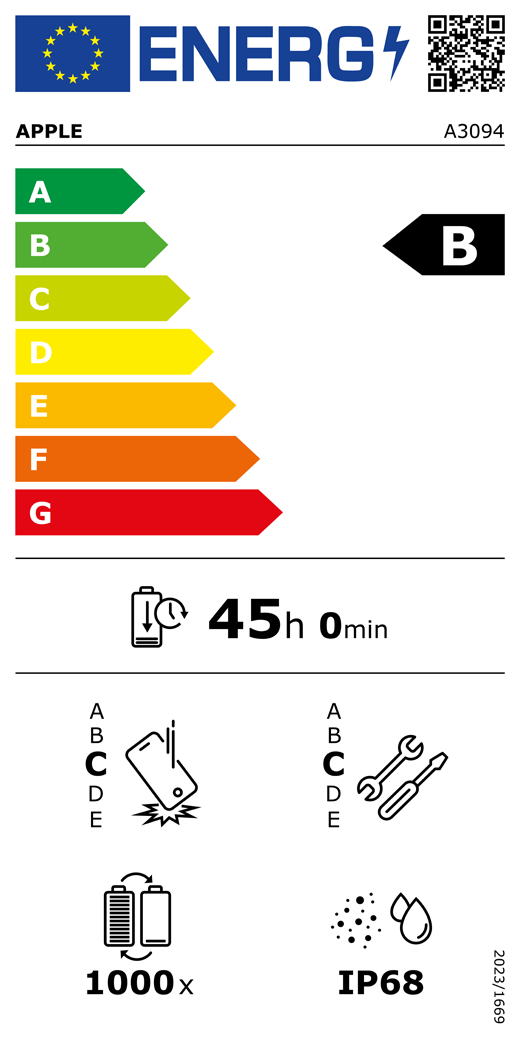 EU-Energielabel, QR Code und Informationen, Apple Modell A3094, Klasse B, Energieeffizienzklassen (auf einer Skala von A bis G), A (am effizientesten) bis G (am wenigsten effizient), Batterielaufzeit pro Zyklus, 45 Stunden und 0 Minuten pro voller Batterieladung, Sturzfestigkeit Klasse C für wiederholten freien Sturz, A (am robustesten) bis E (am wenigsten robust), Reparierbarkeit der Klasse C, A (am besten reparierbar) bis E (am wenigsten reparierbar), Batteriehaltbarkeit 1.000 Ladezyklen, Schutzart gegen Eindringen von Staub und Wasser (IP) IP68, Verordnung 2023/1669.