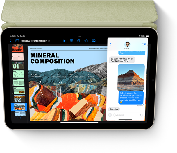 Ein iPad mini im Querformat, das Keynote und Nachrichten mit Slide Over zeigt.