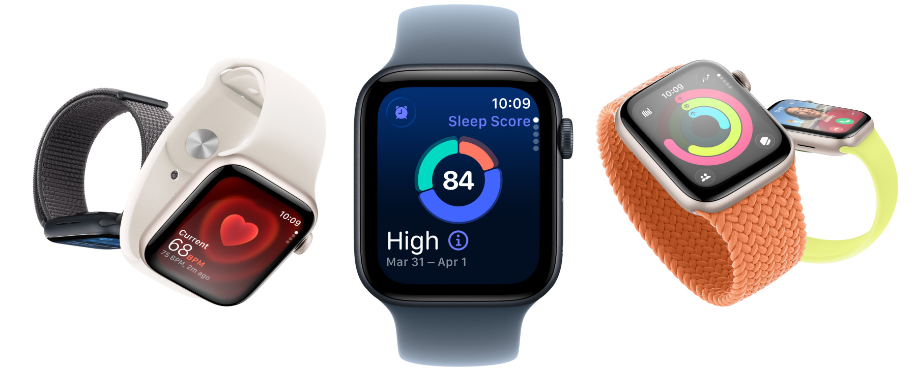 Apple Watch SE 3 s aluminijskim kućištima dostupnim u zvjezdano bijeloj i ponoćno crnoj boji, s aplikacijama kao što su Vitalne funkcije, Puls, rezultat spavanja, kolutovi aktivnosti i dolazni poziv
