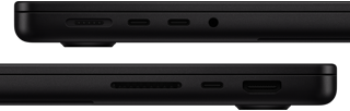 Prikaz priključaka na MacBooku Pro — lijeva strana: MagSafe 3, dva Thunderbolt priključka i priključak za slušalice — desna strana: SDXC utor za karticu, jedan Thunderbolt priključak i HDMI