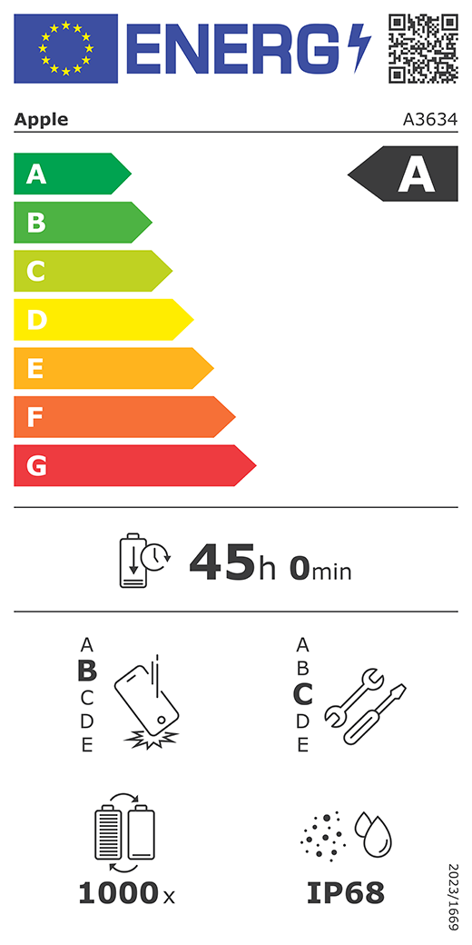 Európai uniós energiacímke QR-kóddal és információkkal. Az A3634-es Apple-modell A osztályú az energiahatékonysági osztályok A-tól (leghatékonyabb) G-ig (legkevésbé hatékony) terjedő skáláján. Az akkumulátor ciklusonkénti tartóssága 42 óra és 0 perc (teljesen feltöltött akkumulátorról). A termék B osztályú az ismételt leejtés elleni védelem A-tól (legellenállóbb) E-ig (legkevésbé ellenálló) terjedő skáláján és C osztályú a javíthatóság A-tól (leginkább javítható) E-ig (legkevésbé javítható) terjedő skáláján. Az akkumulátor tartóssága 1000 ciklus. IP68-as por- és vízállósági besorolás, 2023/1669-es rendelet.