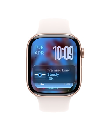 Apple Watch Series 11, rose gold color, aluminum case, Smart Stack hint, light blush Sport Band