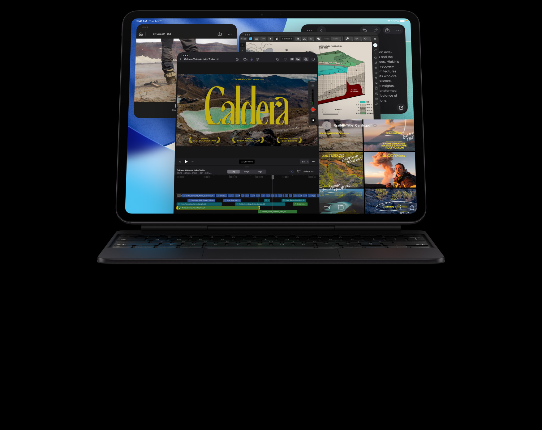 iPad Pro, dispunere orizontală, culoare Negru cosmic, cu Apple Pencil așezat deasupra dispozitivului iPad Pro, ecran cu mai multe ferestre de aplicații suprapuse, incluzând Final Cut Pro cu diverse funcții de editare video și cronologie, aplicația Previzualizare, Notițe și diferite clipuri media