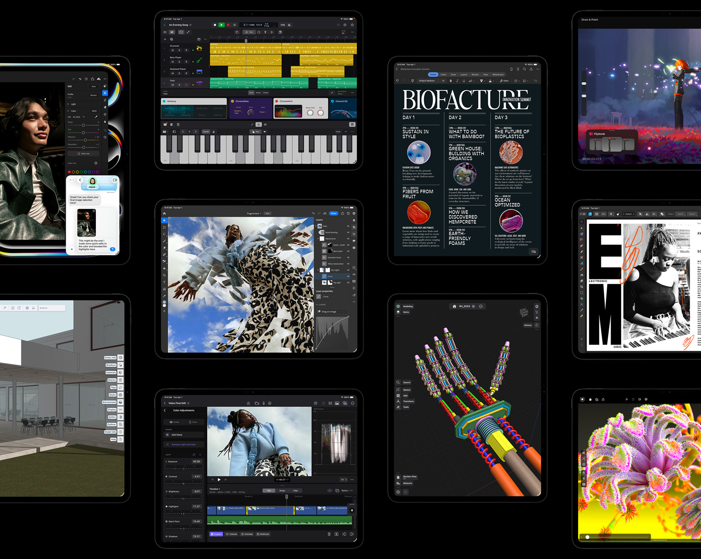 Mai multe ecrane iPad Pro care afișează aplicații iPadOS cu proiecte creative deschise, printre care Logic Pro, Adobe Lightroom, Adobe Photoshop, Final Cut Pro, Trimble SketchUp, Microsoft Word, Procreate Dreams, Affinity Designer 2, Shapr3D și Octane X