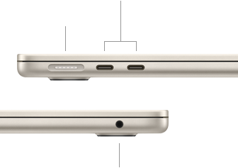 Pohľad na zatvorený MacBook Air, vľavo konektor MagSafe a dva porty Thunderbolt, vpravo konektor na slúchadlá