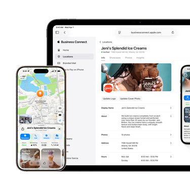Vista frontal de un iPad con la plataforma Apple Business Connect de una empresa. Delante del iPad hay un iPhone con la información de la empresa en Mapas de Apple.