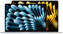 MacBook Air Laptops, ein kleineres vor einem größeren, geöffnet, lebendige Hintergründe mit blauem und gelbem abstrakten Design.