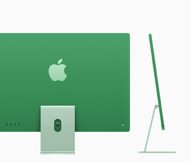 Vue de l’arrière d’un iMac vert mettant en évidence les 4 ports USB‑C 