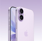 ラベンダーのiPhone 17、前面の外観と斜め後ろから見た外観。左上にDual Fusionカメラシステムがあり、カメラコントロールボタンが見える。前面と側面の外観、オールスクリーンのデザイン、アクションボタン、音量調節ボタン、サイドボタン