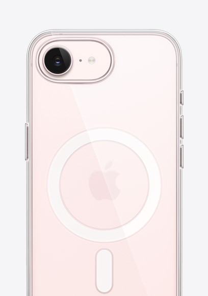 جهاز iPhone 17e، الجانب الخلفي الخارجي، لون زهري ناعم، حافظة شفافة مع MagSafe، كاميرا Fusion في الأعلى، شعار Apple في الوسط