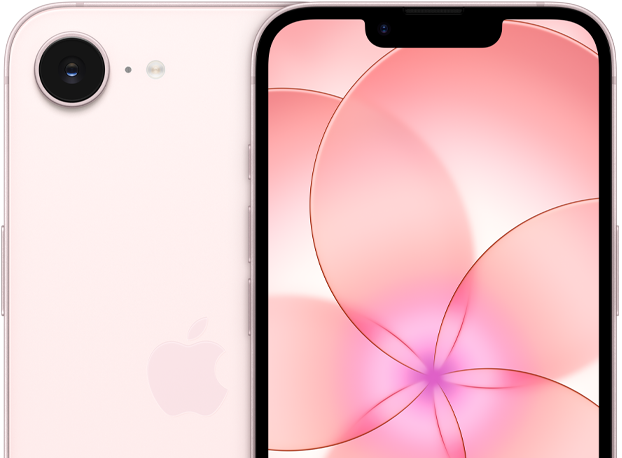 جهاز iPhone 17e، الجانب الأمامي الخارجي، لون زهري ناعم، لقطة جزئية للجانب الخلفي الخارجي لجهاز iPhone 17e تبيّن الكاميرا
