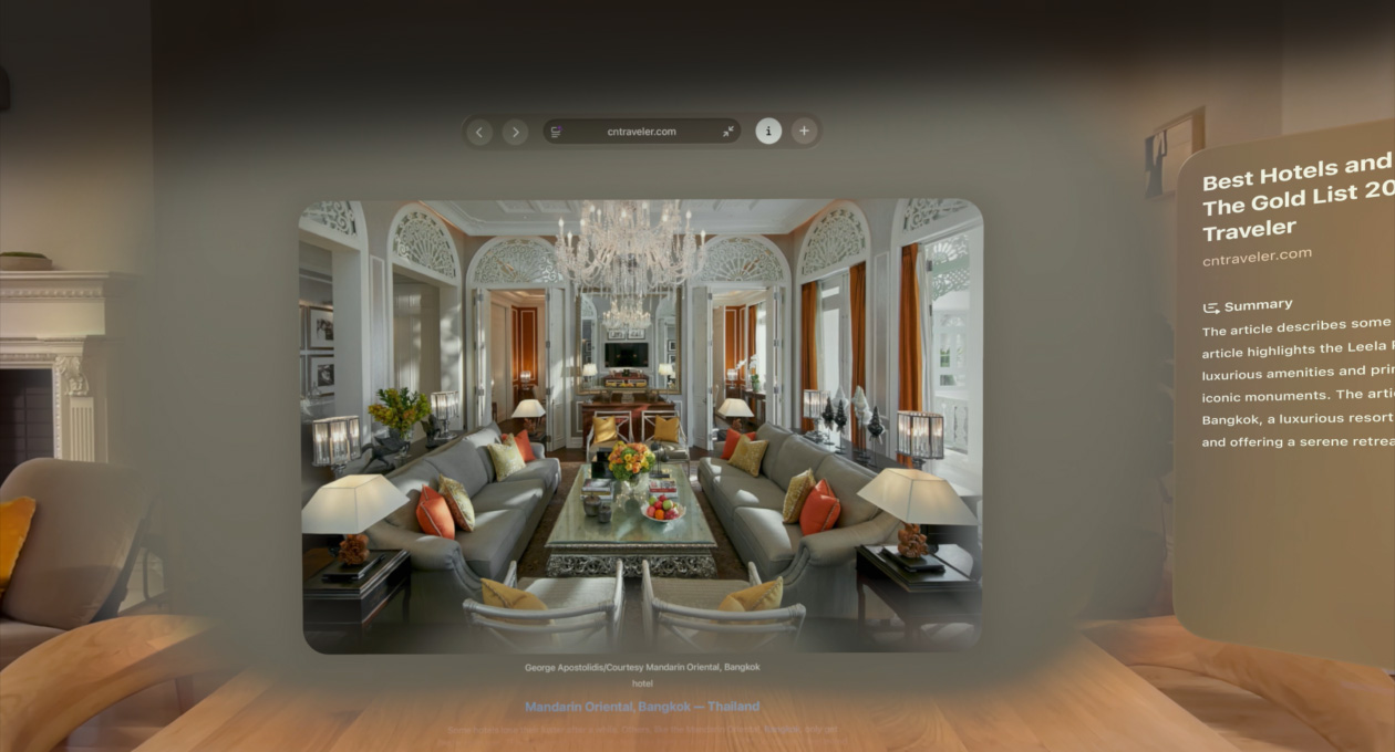 Safari web page featuring inline spatial scene of living room with long deep hallways in background